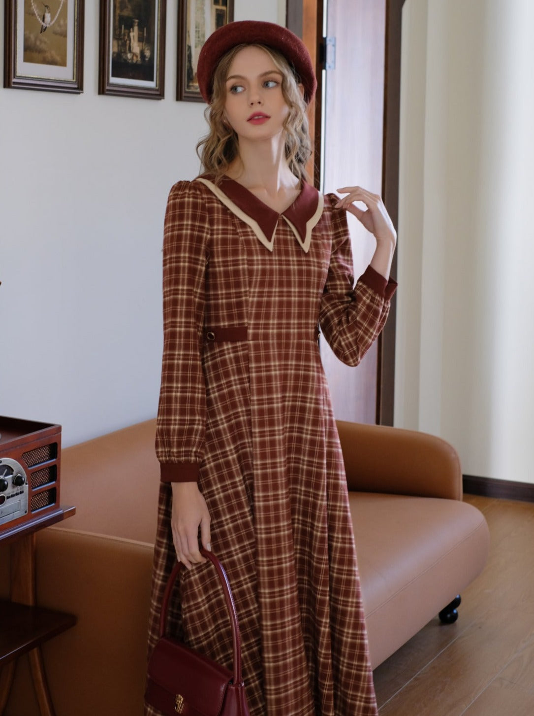 チェックドレス ラテ バタフライ レトロ ブラック ティーカラー フレンチ