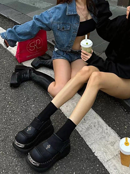 プラットフォームメタルベルクロシューズパンクレザークロス