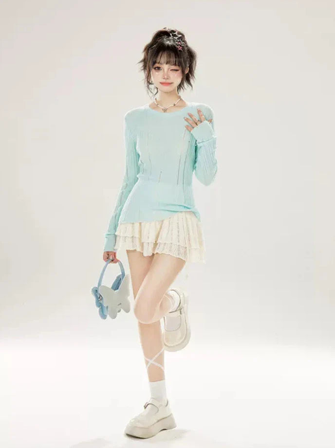 Schmaler Halsausschnitt, Bodenrippin-Strick, unregelmäßiges Sommeroberteil