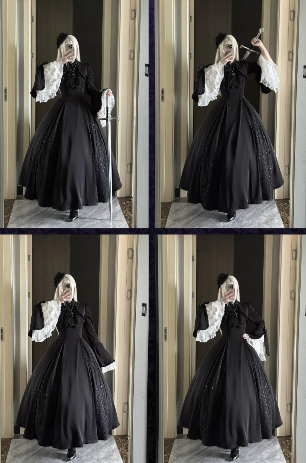 Gothic Black and White Widow Lace Princess Sleeve Faux Two-Piece Long Dress