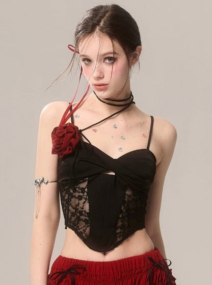 Rose French Short Top Spitze Schwarz Straps