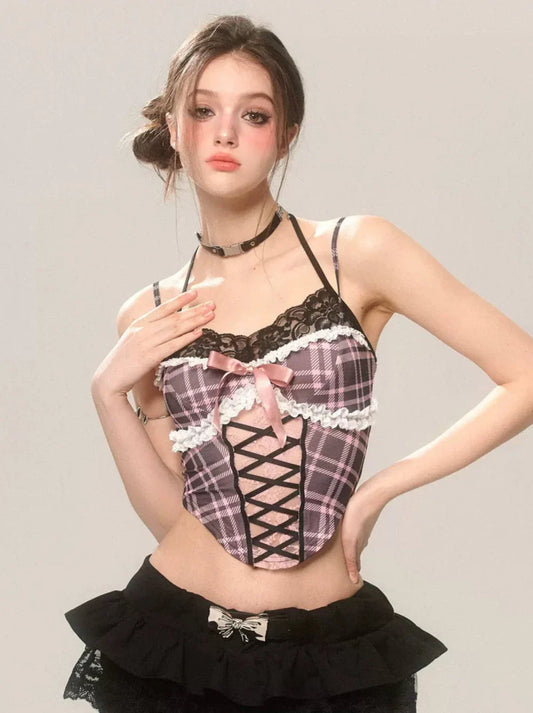 Spicy French Halter Strap Top Lace Cami Check Sweet