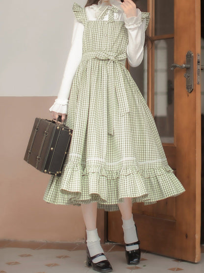 Collar Dress Shirt Ribbon Check + Set Ruffle French Shoulder Green Ruffle Forest