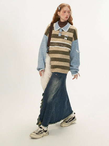 Polo Striped Sweater Retro Lace Pullover
