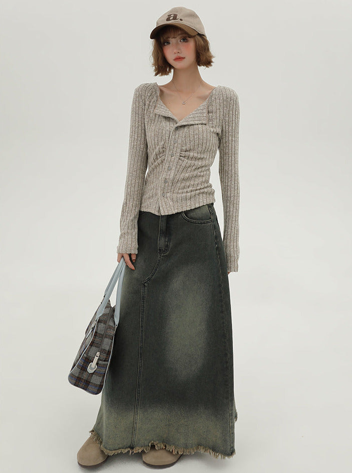 フラップニットカーディガン アメリカンカラー スリム