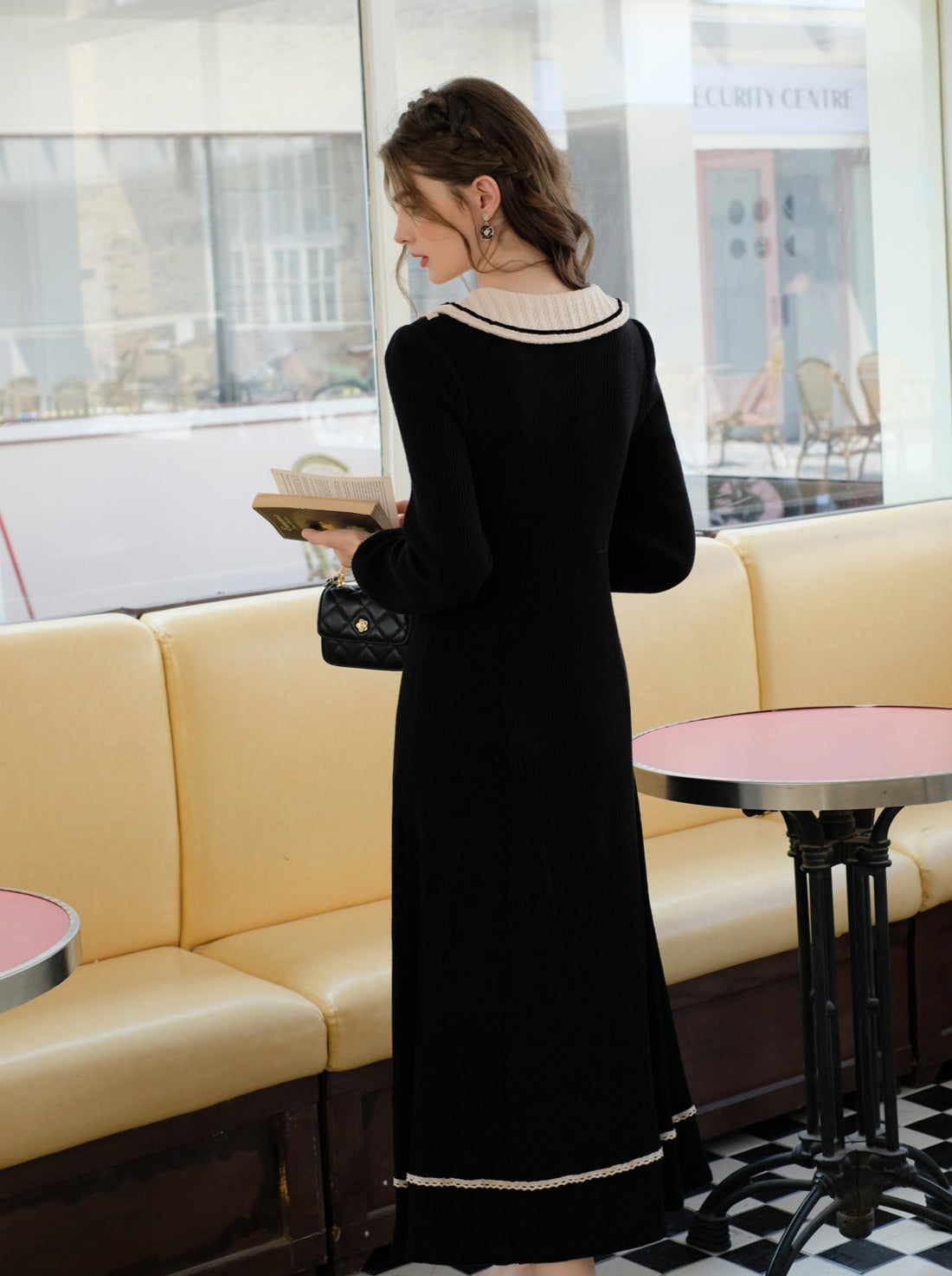 スプライシングブラックフレンチロングドレスラペルクイーンセレナーデニットクラシック