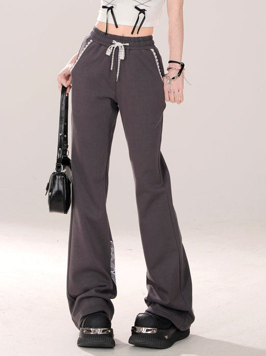 Niche Lace Design Casual Gray Ribbon Pants