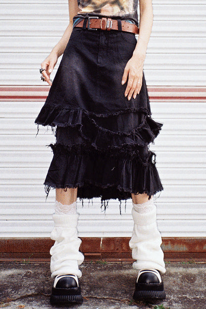 切りっぱなしミディデニムスカート