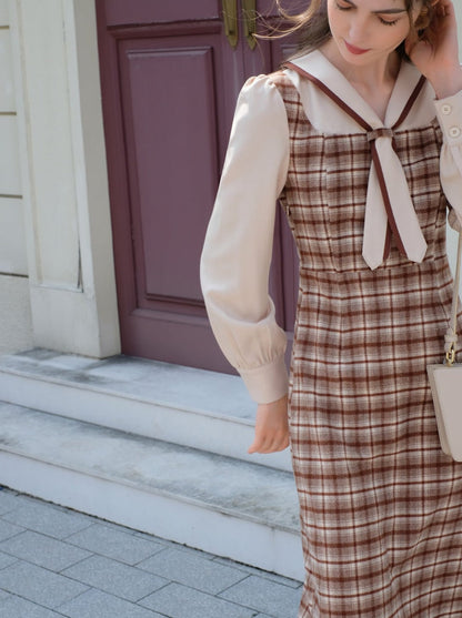 フレンチレトロピースクイーンドレスウールレトロツーフェイクマイラードフェイクチェック