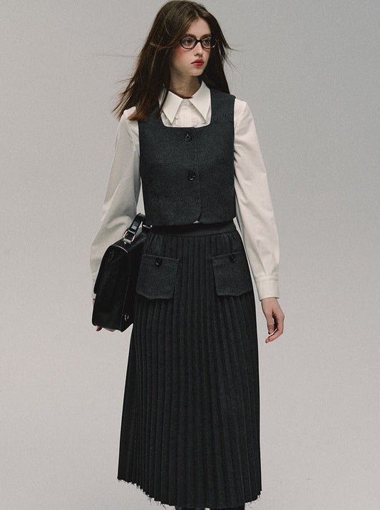 グレーのカレッジロングスカートベスト ベティ・バルカ プリーツ