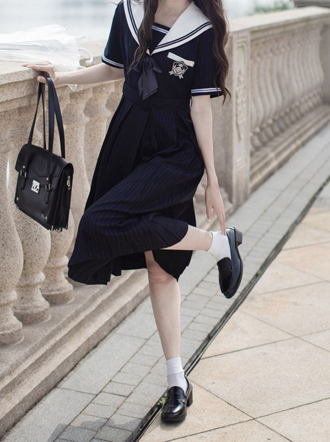 Collar Black + Sailor Emblem Striped Badge Ribbon Dress