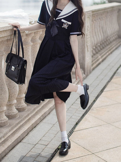 Collar Black + Sailor Emblem Striped Badge Ribbon Dress