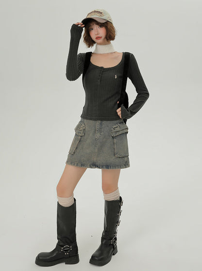 T-Stil, langer U-Ausschnitt, koreanisch