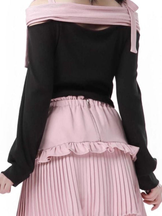 Knit Pink Ribbon + Straps Black Off-Shoulder Top