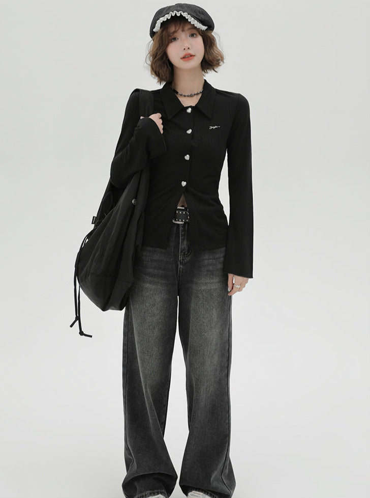 ニットベルブラックスリムポロカラーカーディガンスリーブレトロ