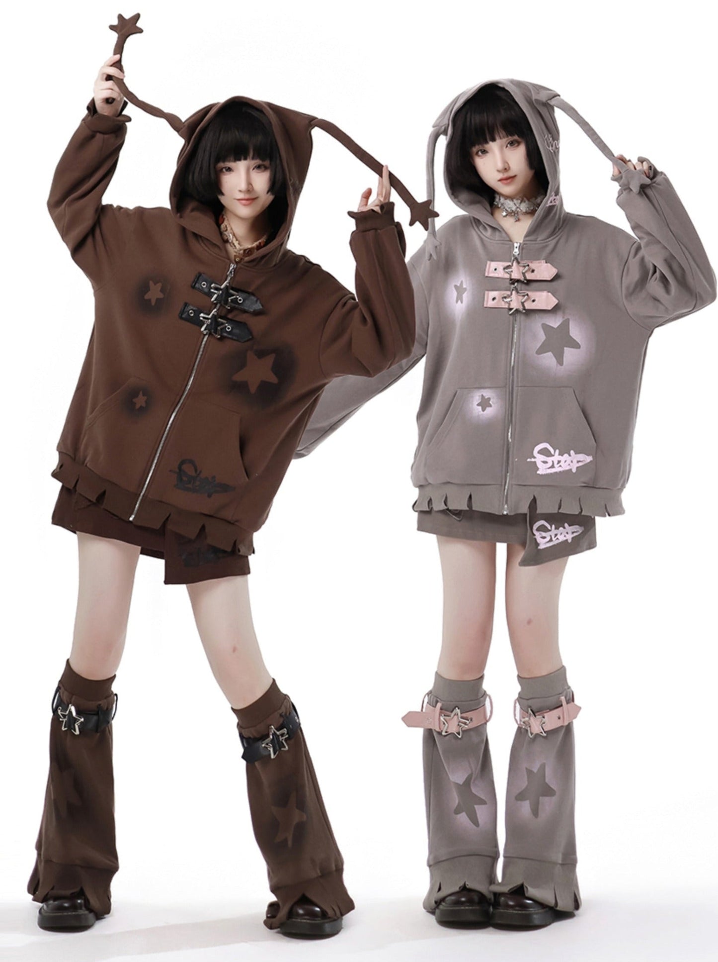 スターアメリカンプリント ルーズジップパーカー + イレギュラースカート + レッグウォーマー