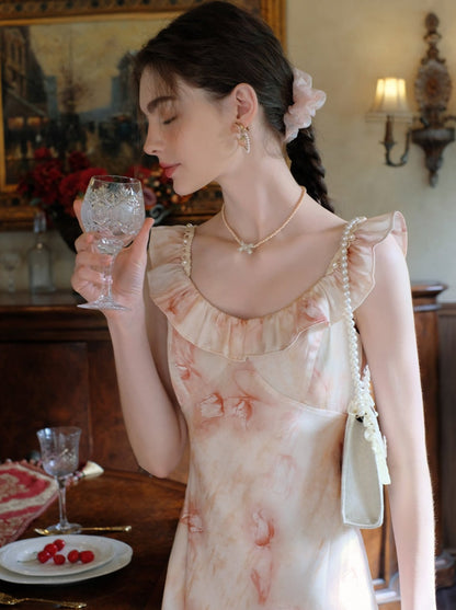 ロングサスペンダードレス フラワーブラウス カーディガン + シアー