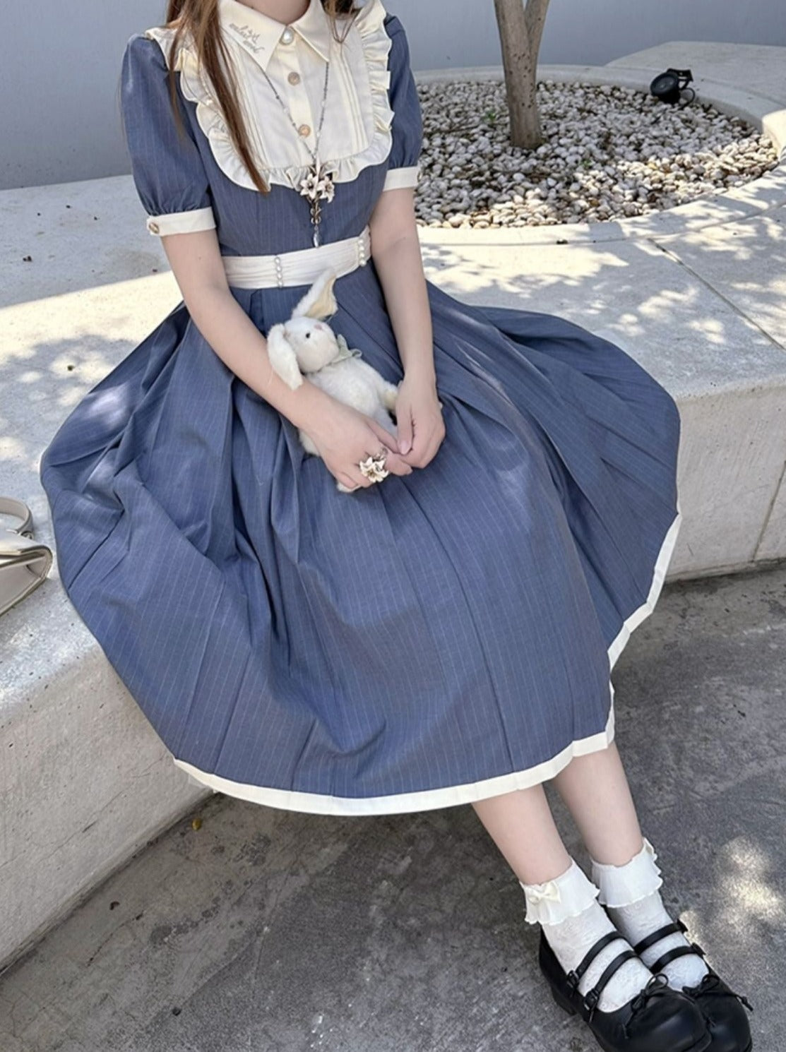 Retro Taillenkragen Sommergürtel Weißes Kleid Rüschen