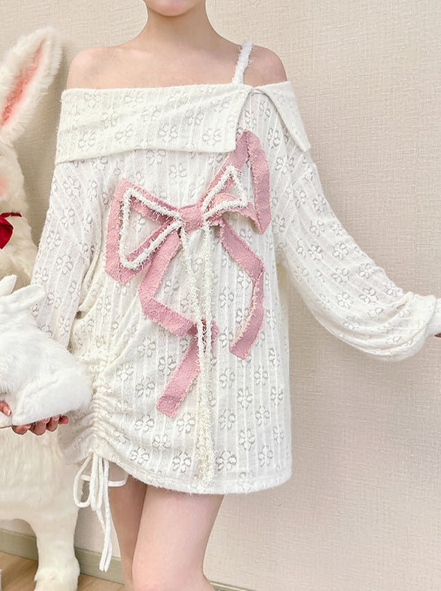 オフショルダーデザインガーリードレス リボンビッグ