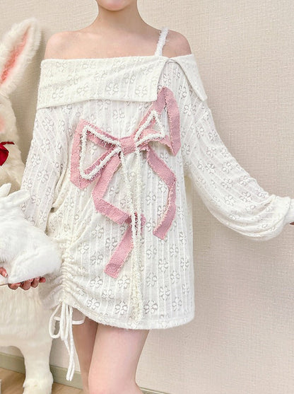 オフショルダーデザインガーリードレス リボンビッグ