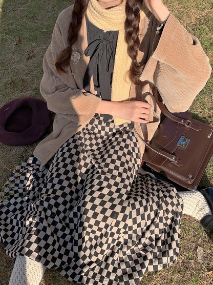 チェリーダークリボン 昭和グレージャケット フェザー+ノートスカート レトロチェックブローチ シフォンシャツ+スカート