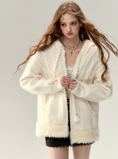 Kapuzenpullover mit Zopfmuster und Reißverschluss