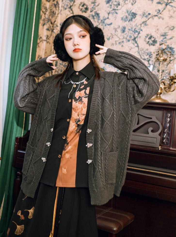 シャツプリントクラシックチャイナレトロリーフデザインコレクションスカートエレガント