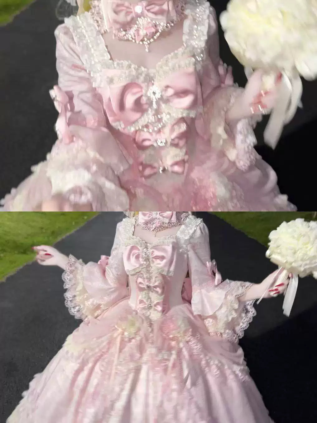 Pink Rococo Lolita gown worn outdoors, bodice and full-skirt collage