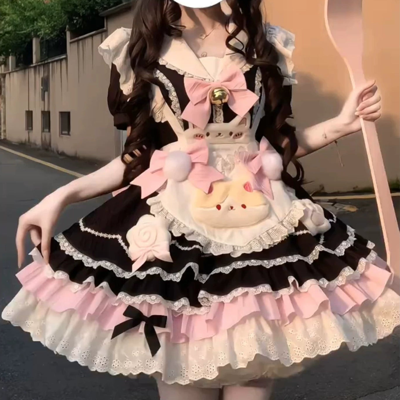 Black Pink Maid Lolita Princess Dress | Doll-Style Ruffle Skirt