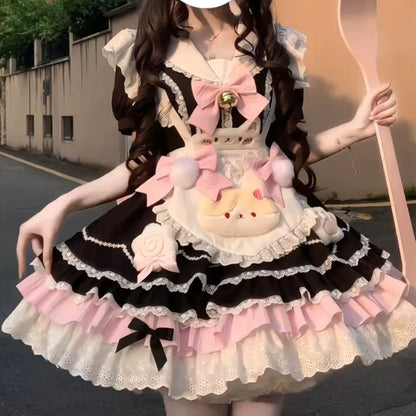 Black Pink Maid Lolita Princess Dress | Doll-Style Ruffle Skirt