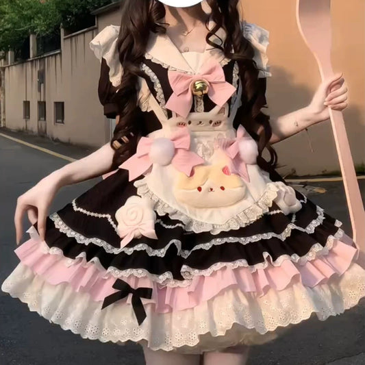Black Pink Maid Lolita Princess Dress | Doll-Style Ruffle Skirt