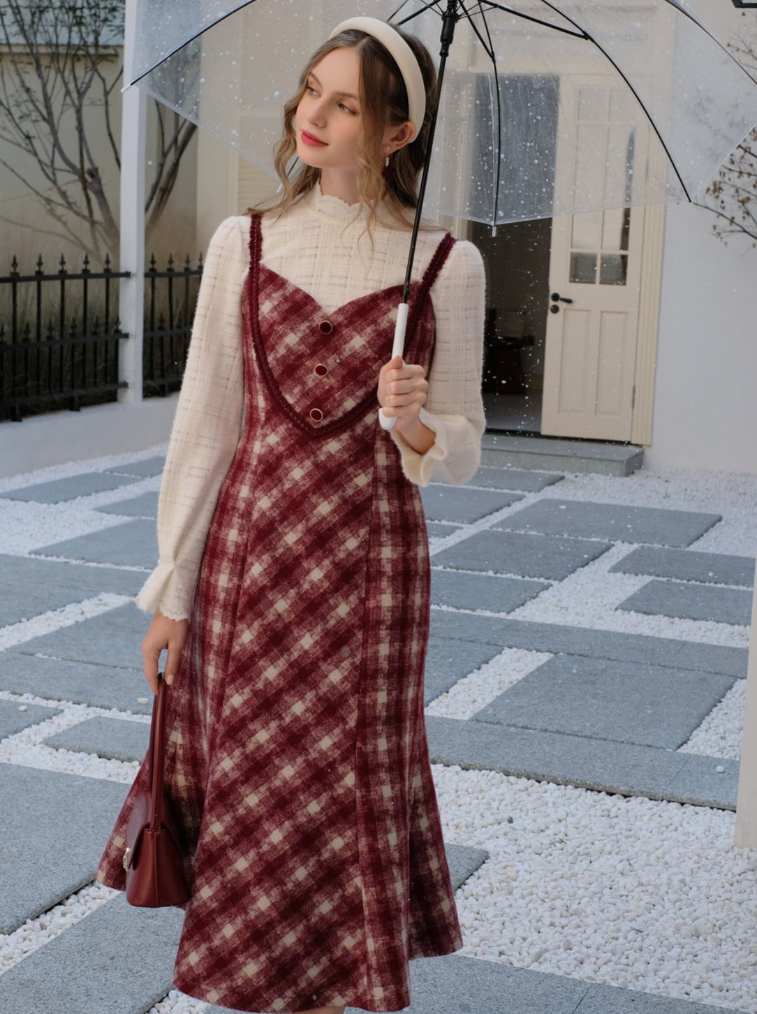 レトロな白いブラウスキャミソールドレス+ロマンティックチェックピュア
