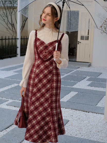 レトロな白いブラウスキャミソールドレス+ロマンティックチェックピュア