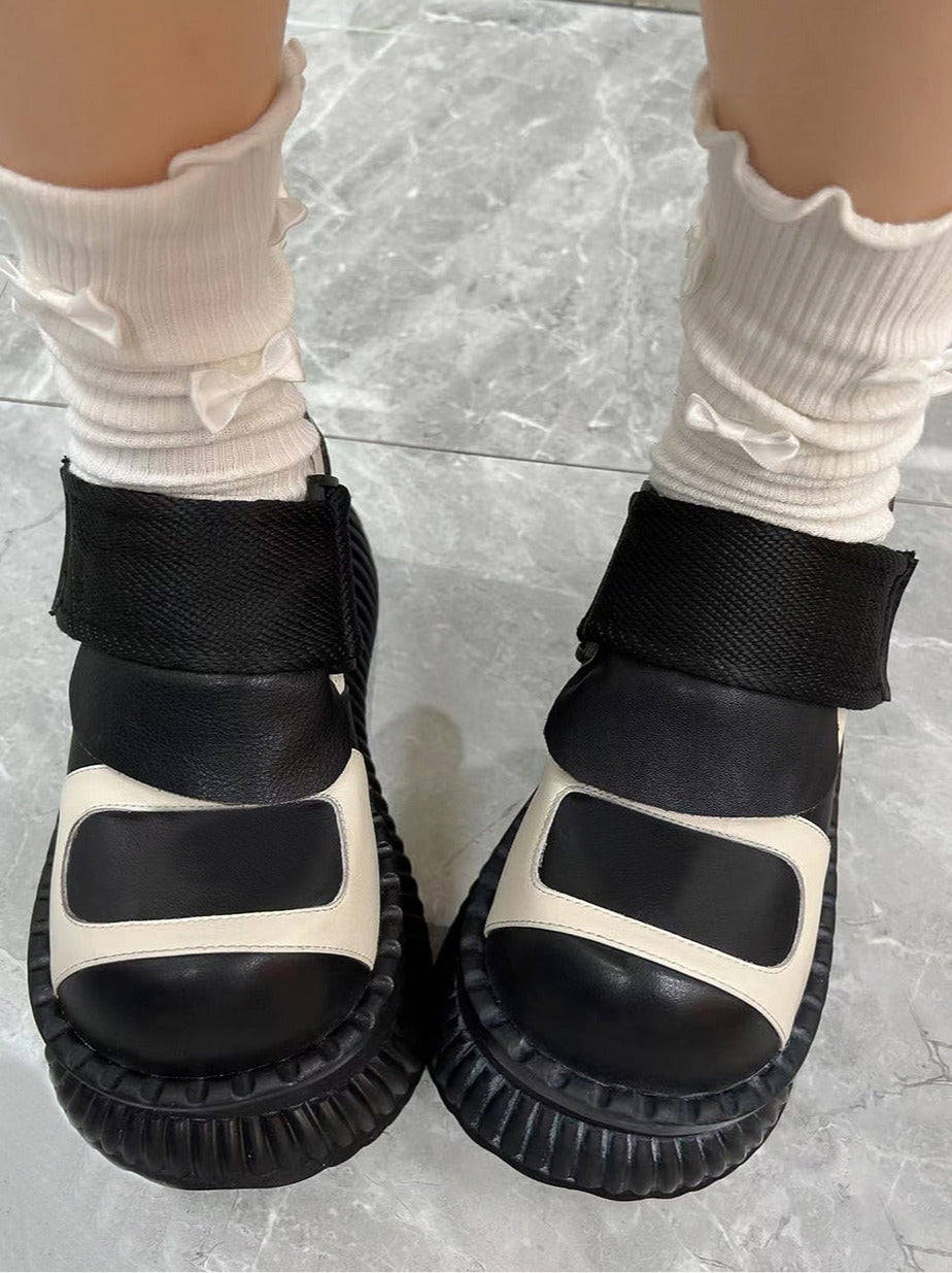 プラットフォームカジュアルシューズレザーベルクロ