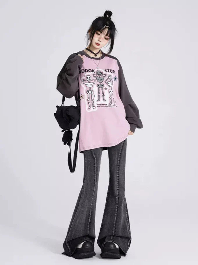 Raglan Sleeveless Skull Blues Purple Print T Long