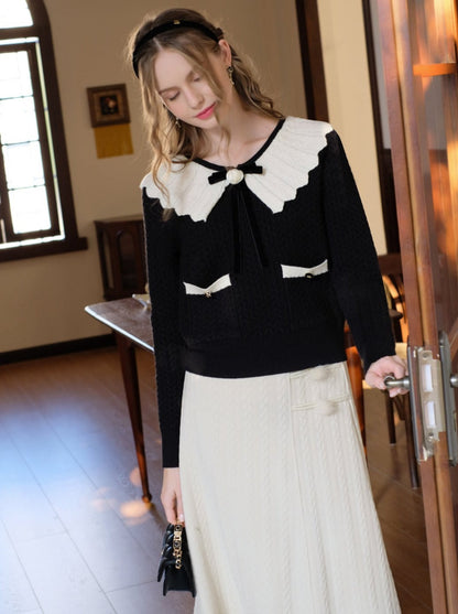 セーターブロックウェブリボンレトロラペルフレンチカラーカーディガン