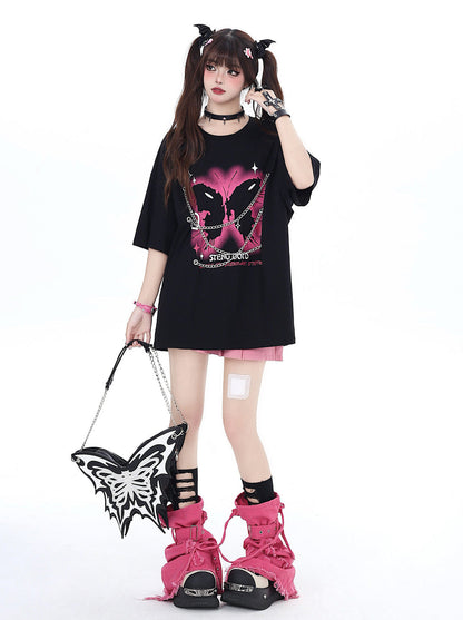 チェーンバタフライパンクロックアメリカンTシャツメタルプリント