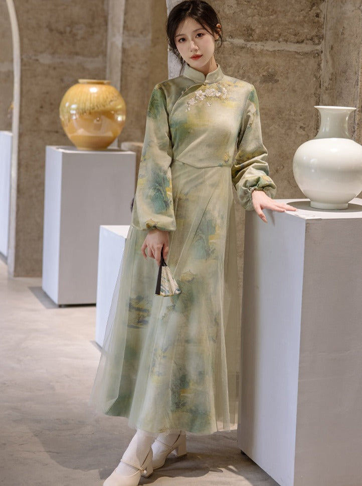 Robe verte marbrée à col chinois