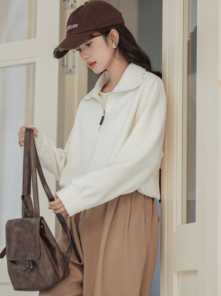 Pullover mit Reißverschluss, Sweatshirt im College-Stil, Revers