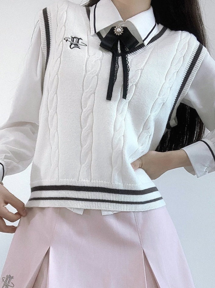 Jacket College Vest + Skirt Shirt Box + Slim Pleated Girl Sweet Ribbon Style