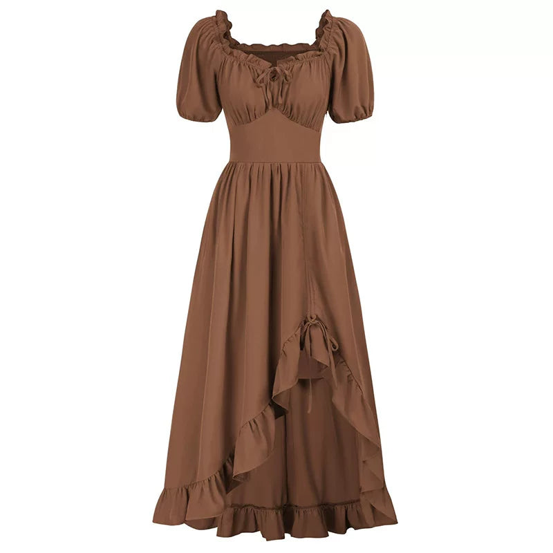 Medieval Court Short Sleeve Square Neck Dress – Irregular Hem Stage Gown