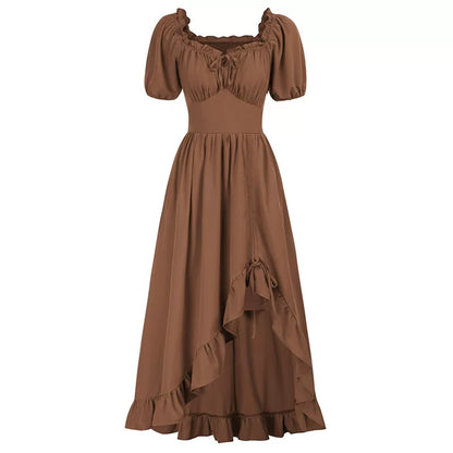 Medieval Court Short Sleeve Square Neck Dress – Irregular Hem Stage Gown