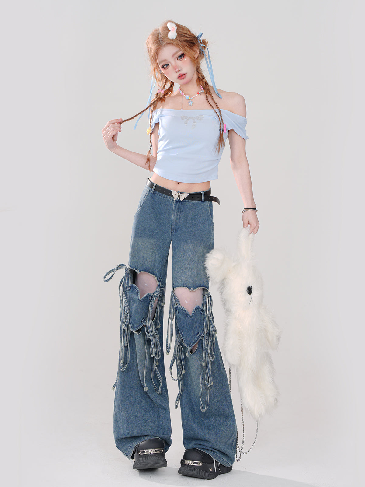 Hot Ripped Denim Rolled Loose Love Stripe