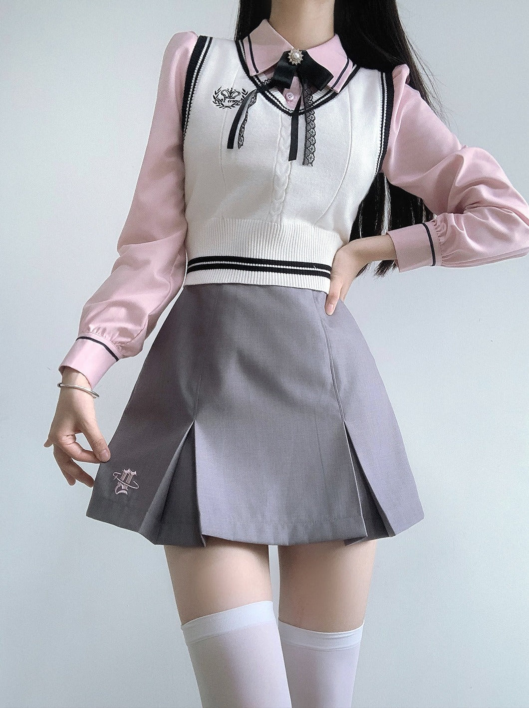 Jacket College Vest + Skirt Shirt Box + Slim Pleated Girl Sweet Ribbon Style