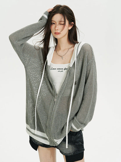 Kurzer/langer Hoodie aus transparentem Netzstrick mit Reißverschluss