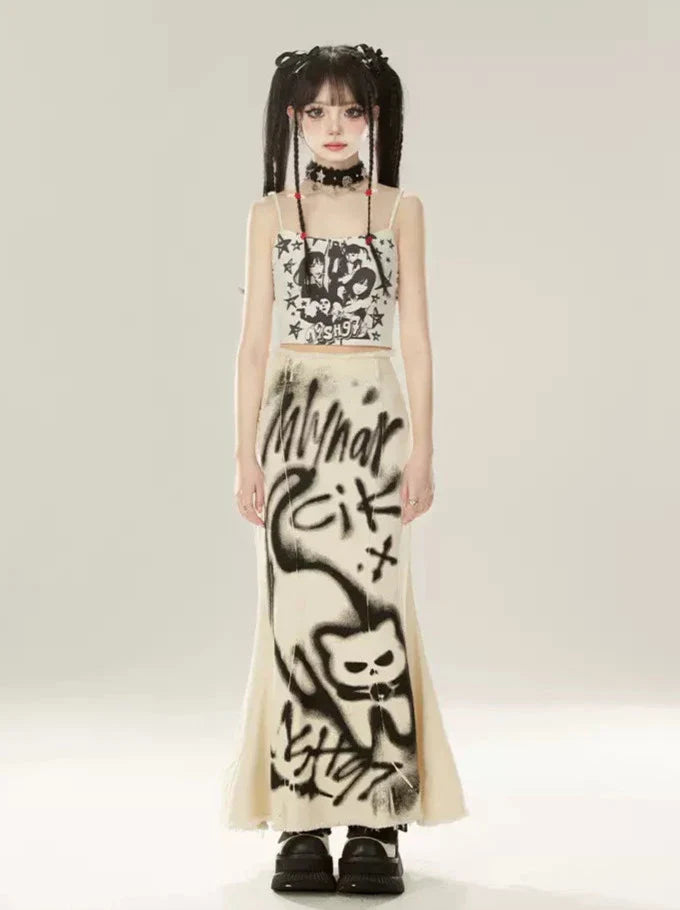 Mermaid Denim Spray Retricat Paint Skirt