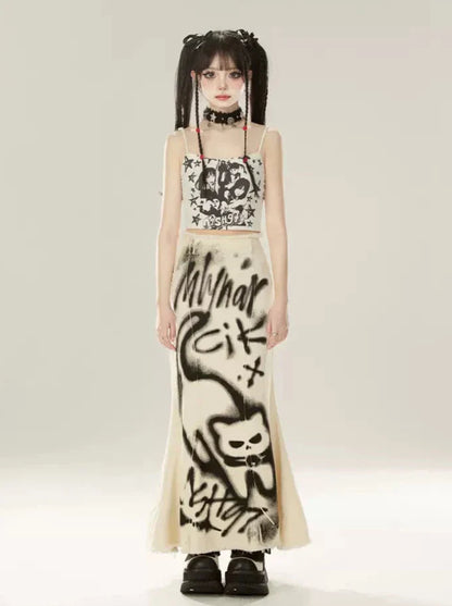 Mermaid Denim Spray Retricat Paint Skirt