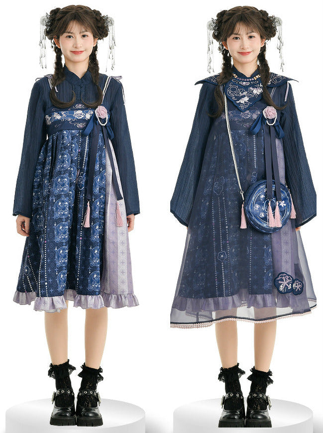 Chemise à manches cloche + sac en tulle à épaules dénudées, jupe à ruban superposée, robe chinoise