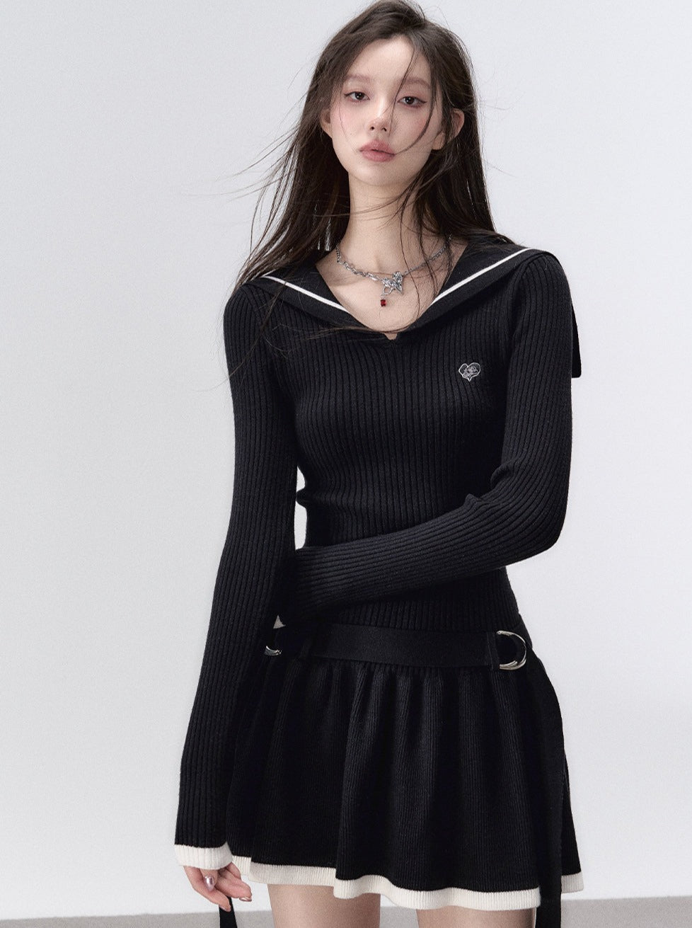 Sailor Knit Navy Color Dark Pattern Dress