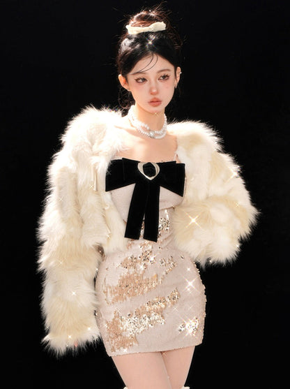 Paillettenkleid Schleife + Pelzmantel Elegant Eng Groß Kurz